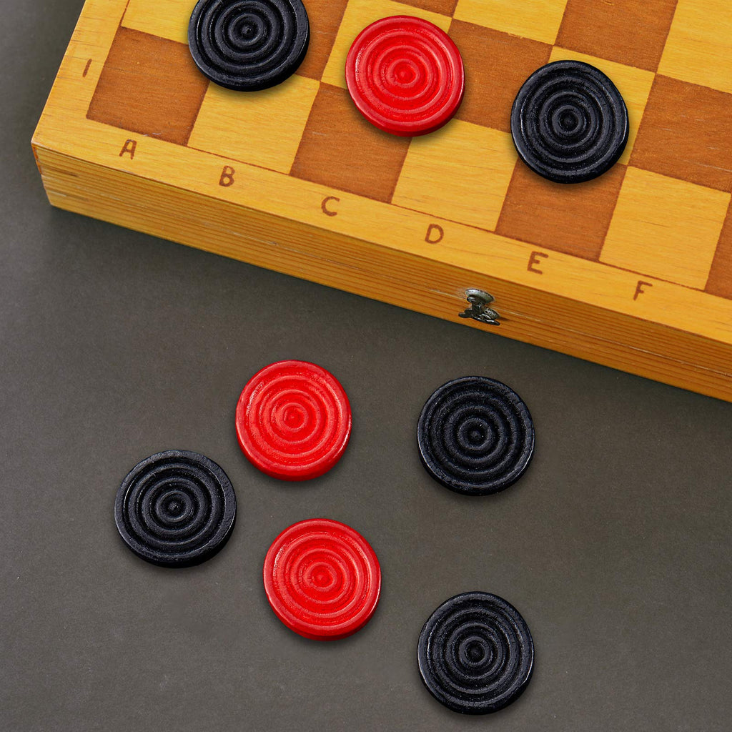 Skylety 72 Wooden Checkers Pieces 1.06" Stackable Ridge Design with Drawstring Pouch for Checkers and Backgammon (Red & Black)