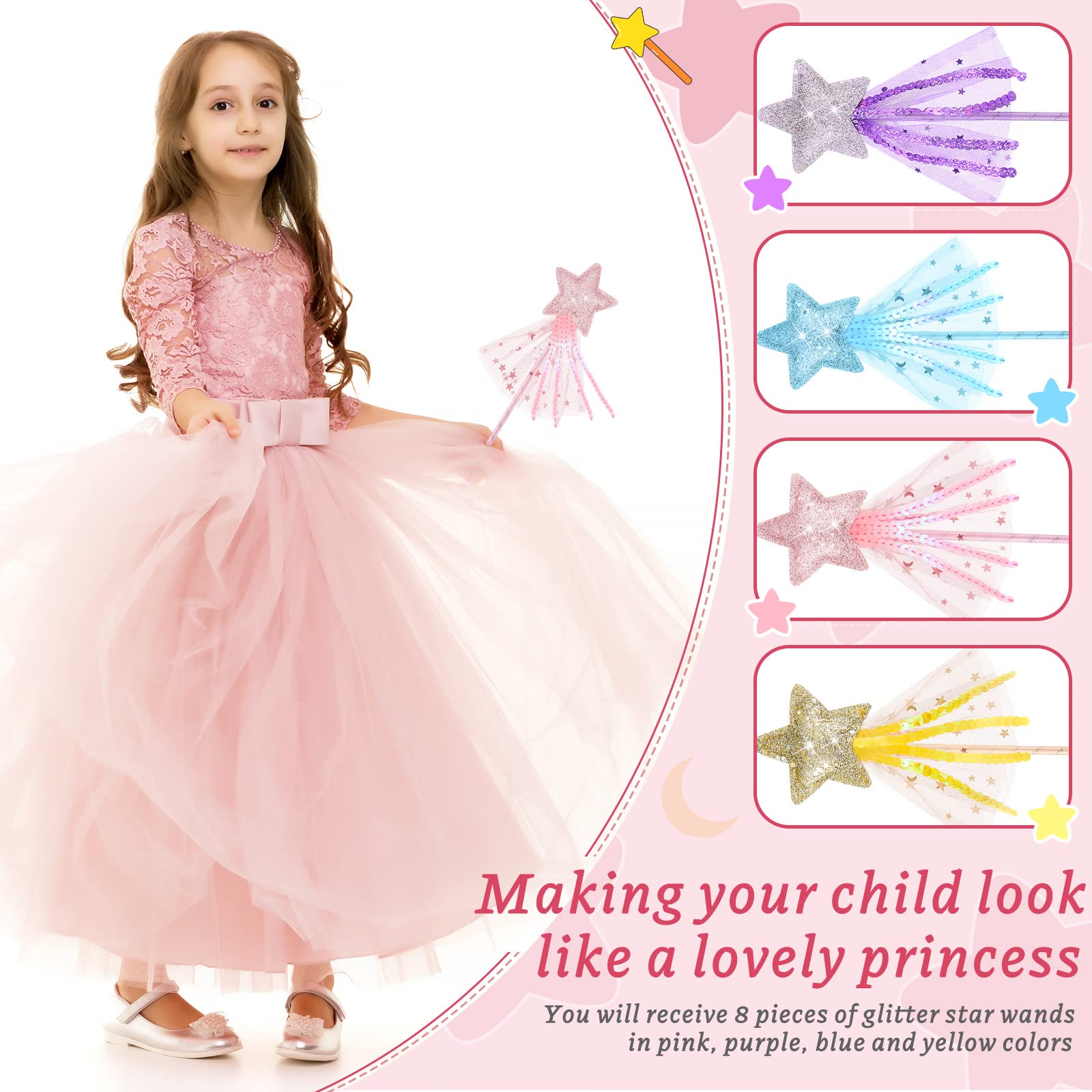 Skylety 8-Pack Fairy Wands: Glitter Star Princess Wands for Party Favors and Costume Props