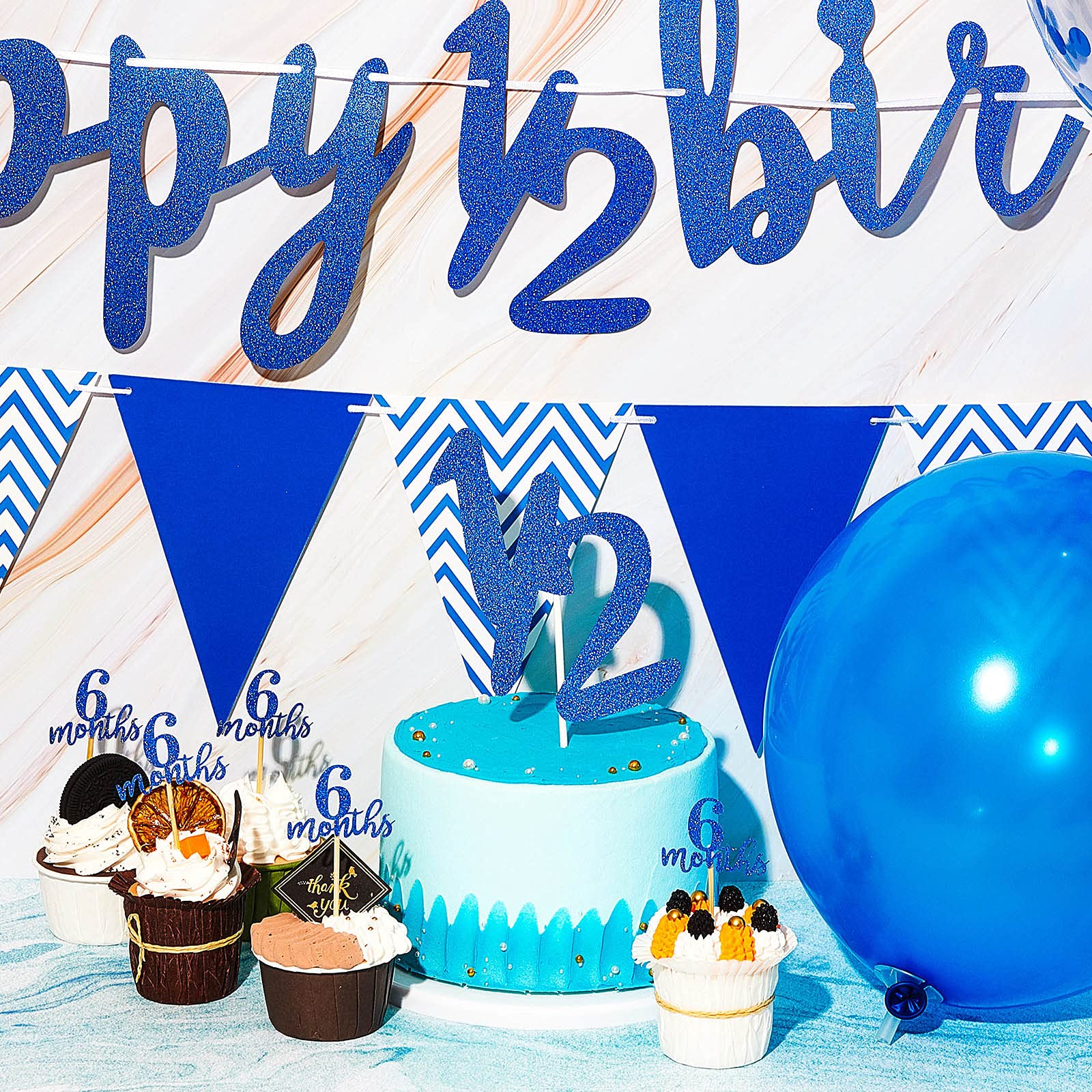 Skylety Dark Blue Half Birthday Decorations Set – Banner, Cupcake Toppers & Balloons for Baby's 6-Month Party