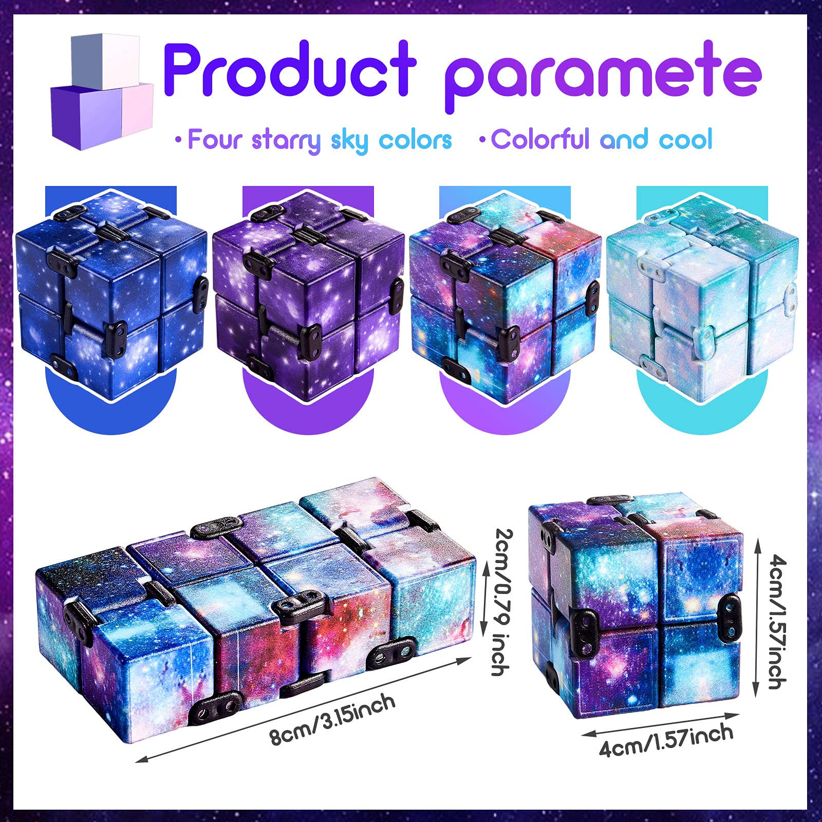 Skylety Infinity Cube Set – 4 Pack Handheld Fidget Toy for Stress Relief and Focus (Starry Design)