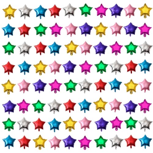 SLGZXXY 80 Pcs 5 Inch Rainbow Star Foil Balloons – Aluminum Mylar Party Decorations (Cannot Float)