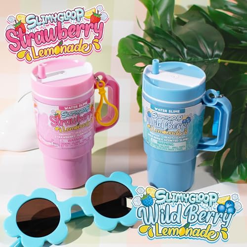 SLIMYGLOOP Lemonade Tumbler Bundle – 2-Pack Scented Water Slime (Blue Raspberry & Pink Strawberry) with Ice Cubes