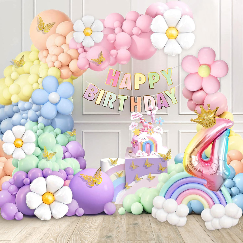 Slmeno 219-Piece Pastel Rainbow Balloon Garland Kit for 4th Birthday Girl - Includes Number 4 Balloon, Banner, Cake Toppers, 3D Butterflies & More