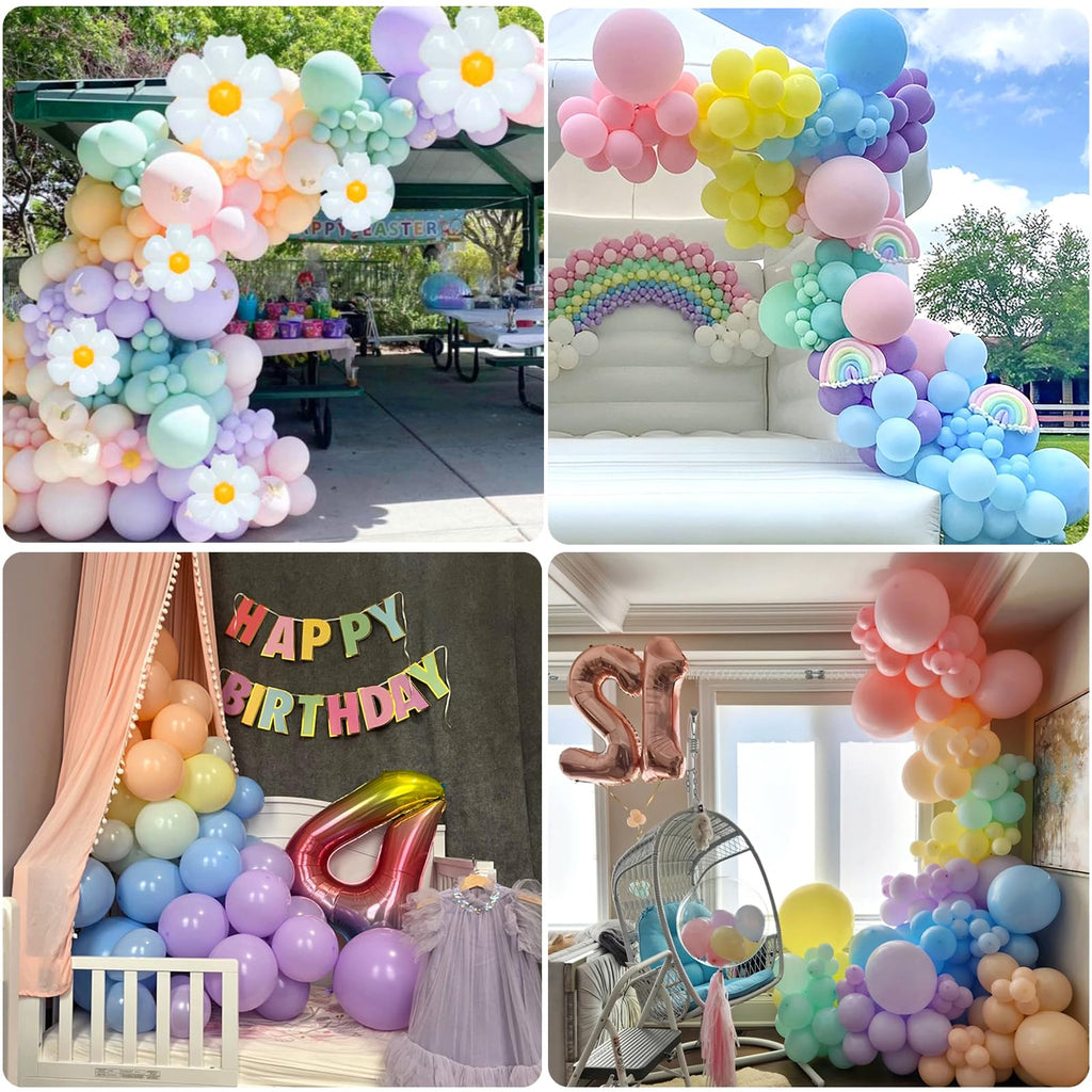 Slmeno 219-Piece Pastel Rainbow Balloon Garland Kit for 4th Birthday Girl - Includes Number 4 Balloon, Banner, Cake Toppers, 3D Butterflies & More