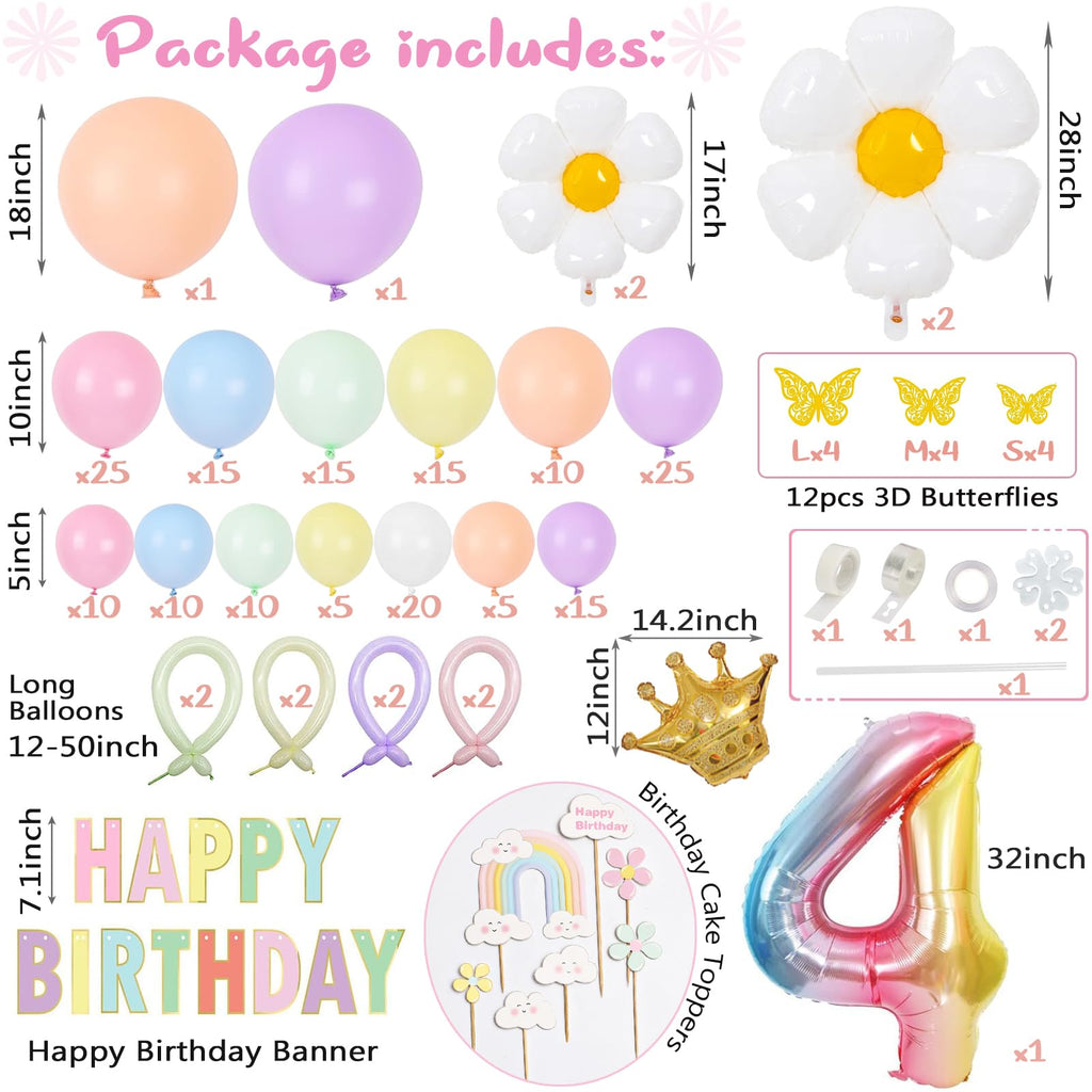 Slmeno 219-Piece Pastel Rainbow Balloon Garland Kit for 4th Birthday Girl - Includes Number 4 Balloon, Banner, Cake Toppers, 3D Butterflies & More