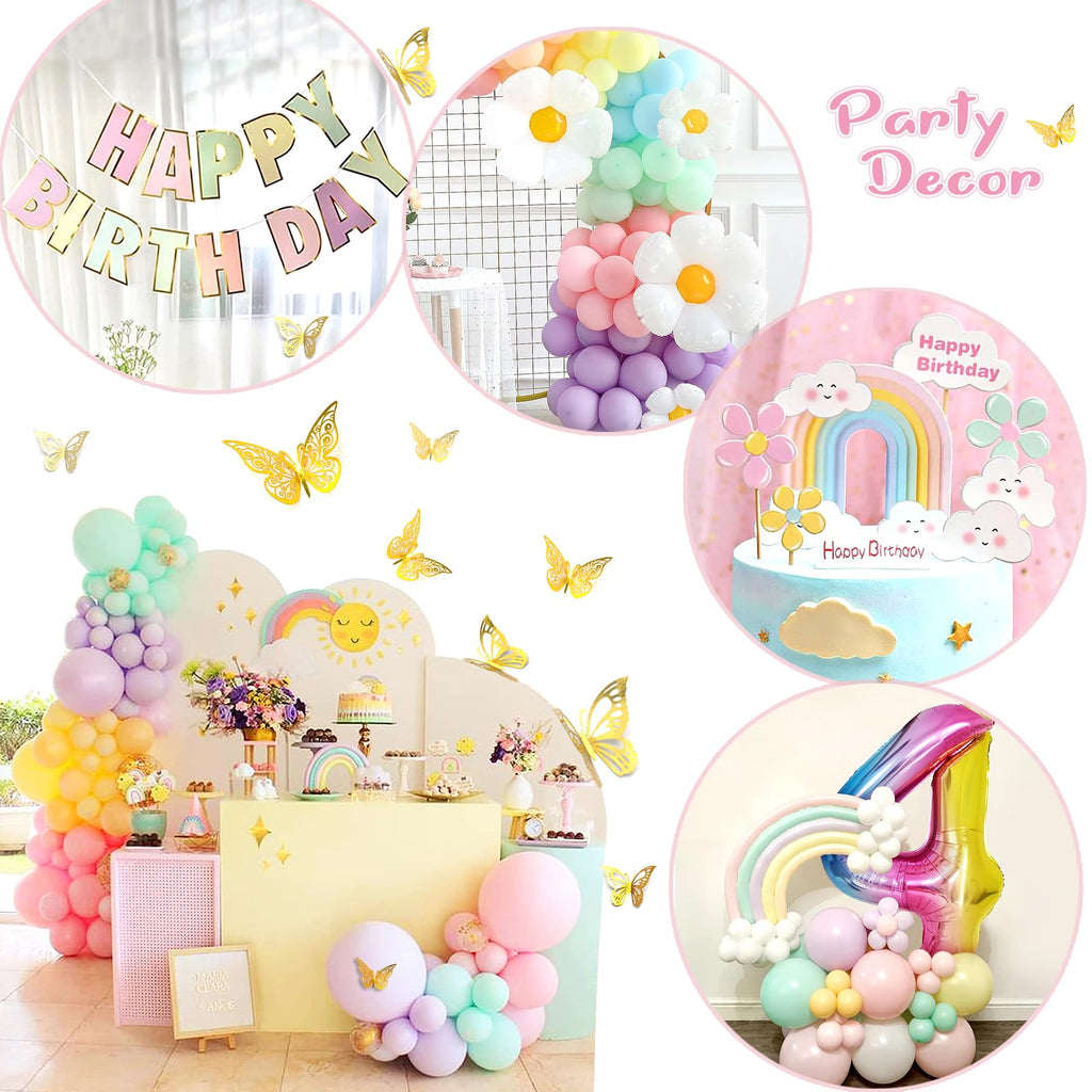 Slmeno 219-Piece Pastel Rainbow Balloon Garland Kit for 4th Birthday Girl - Includes Number 4 Balloon, Banner, Cake Toppers, 3D Butterflies & More