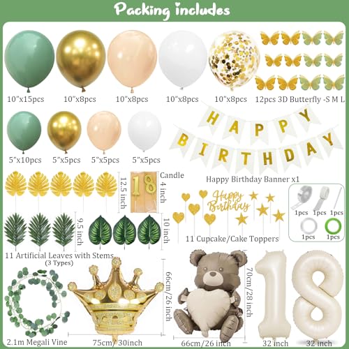 Slmeno Sage Green 18th Birthday Decoration Kit - Balloon Arch, 3D Butterflies, Cake Toppers & More