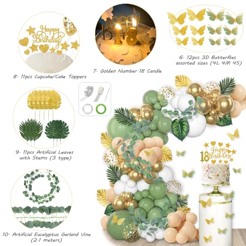 Slmeno Sage Green 18th Birthday Decoration Kit - Balloon Arch, 3D Butterflies, Cake Toppers & More