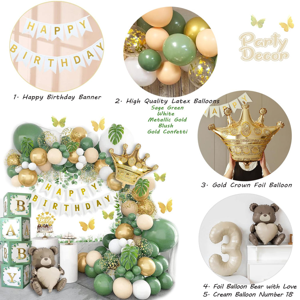 Slmeno Sage Green 18th Birthday Decoration Kit - Balloon Arch, 3D Butterflies, Cake Toppers & More