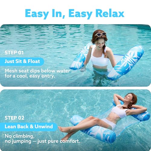 Sloosh 4-in-1 Inflatable Pool Hammock Float for Adults – Mesh Seat, Buoyant Pillows, 48x31.5 Inches (Blue)