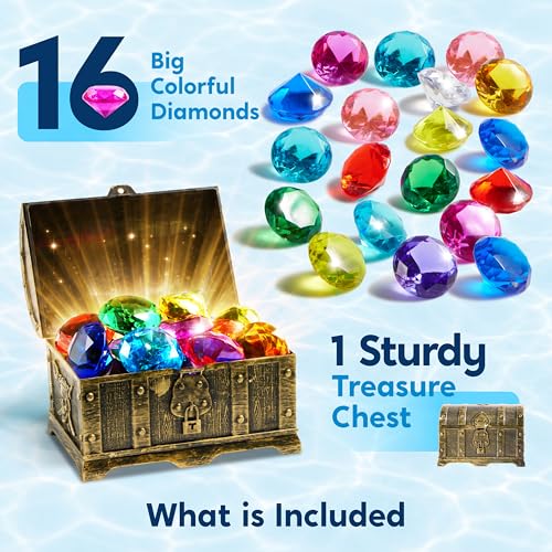Sloosh Diving Gems Pool Toys - 16 Acrylic Diamond Gemstones with Pirate Treasure Chest - Underwater Dive Game for Kids