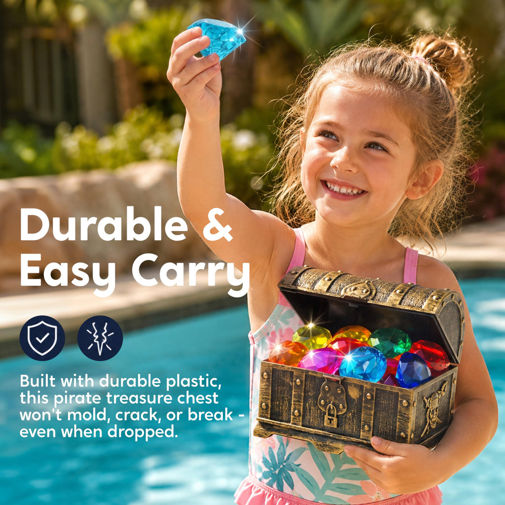 Sloosh Diving Gems Pool Toys - 16 Acrylic Diamond Gemstones with Pirate Treasure Chest - Underwater Dive Game for Kids