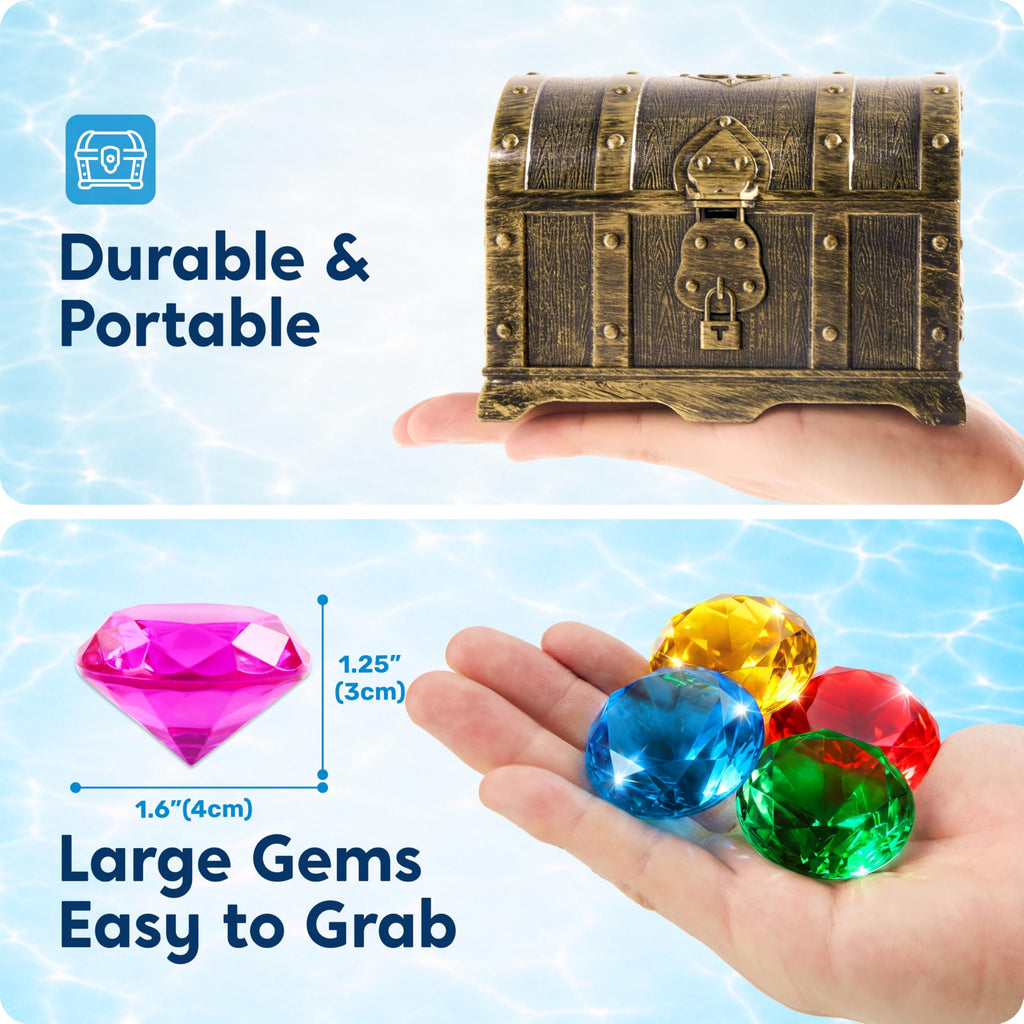 Sloosh Diving Gems Pool Toys - 16 Acrylic Diamond Gemstones with Pirate Treasure Chest - Underwater Dive Game for Kids