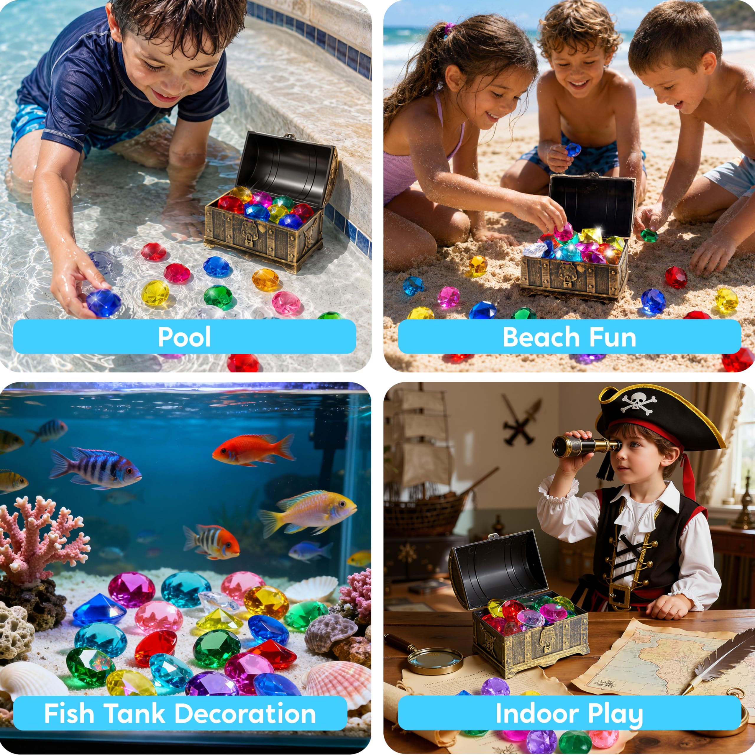 Sloosh Diving Gems Pool Toys - 16 Acrylic Diamond Gemstones with Pirate Treasure Chest - Underwater Dive Game for Kids