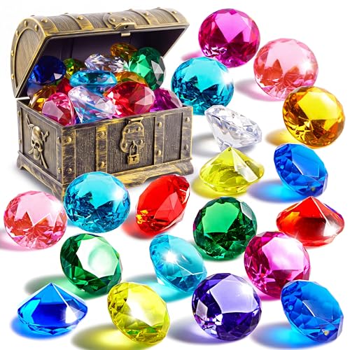Sloosh Diving Gems Pool Toys - 16 Acrylic Diamond Gemstones with Pirate Treasure Chest - Underwater Dive Game for Kids