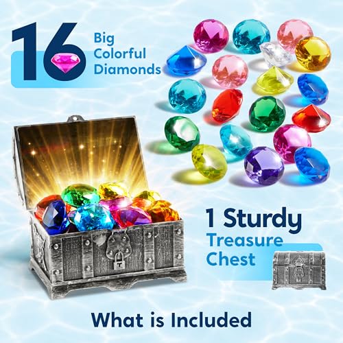 Sloosh Diving Gems Pool Toys – 16 Acrylic Diamond Gems in 12 Colors with Pirate Treasure Chest