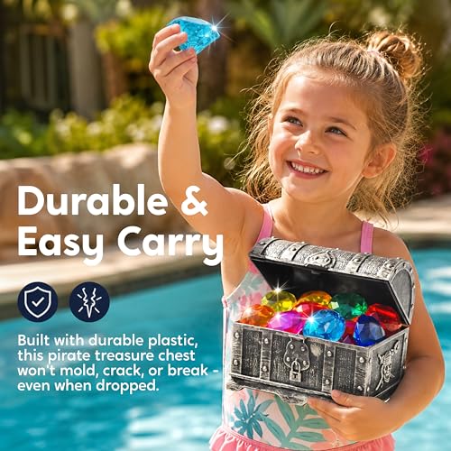 Sloosh Diving Gems Pool Toys – 16 Acrylic Diamond Gems in 12 Colors with Pirate Treasure Chest