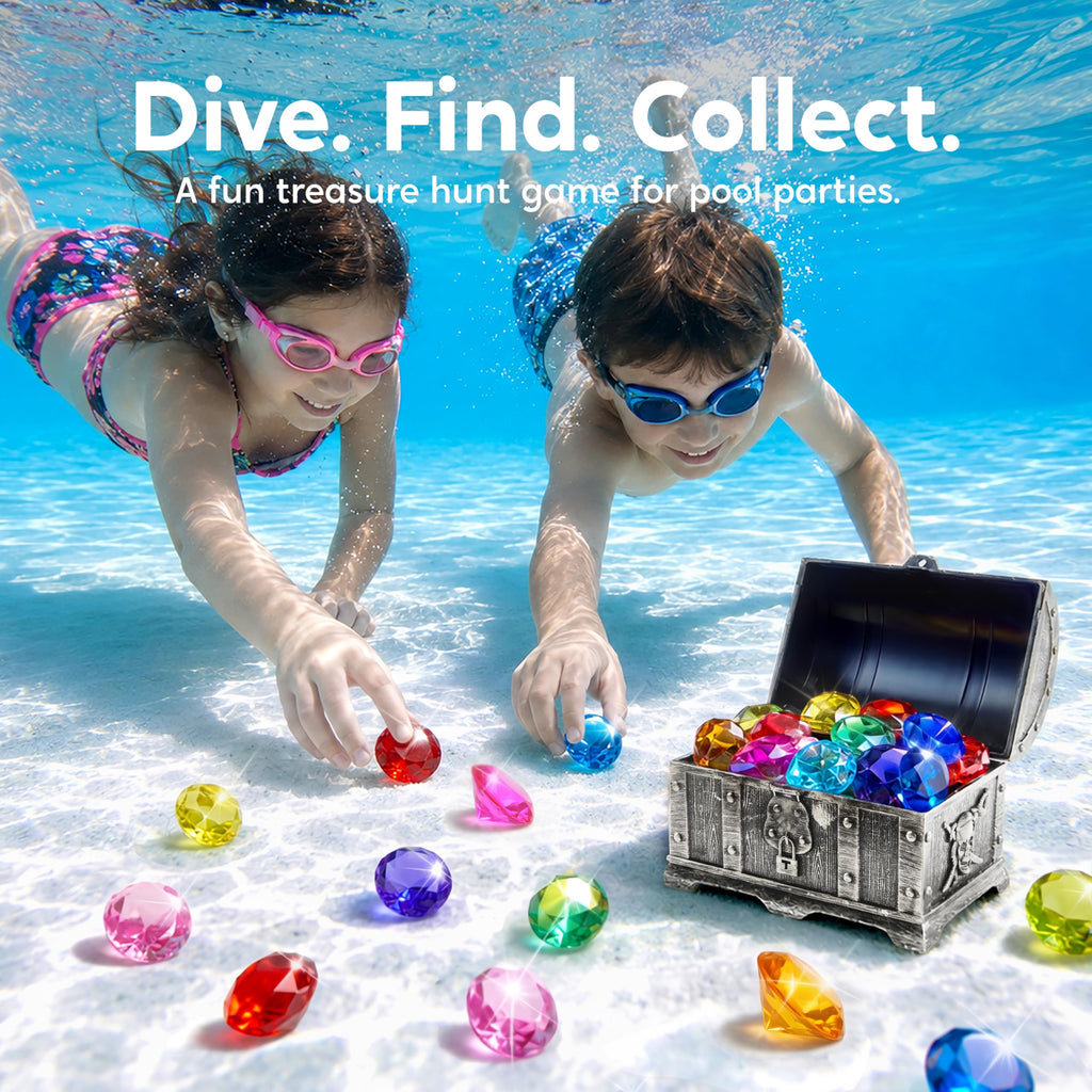 Sloosh Diving Gems Pool Toys – 16 Acrylic Diamond Gems in 12 Colors with Pirate Treasure Chest