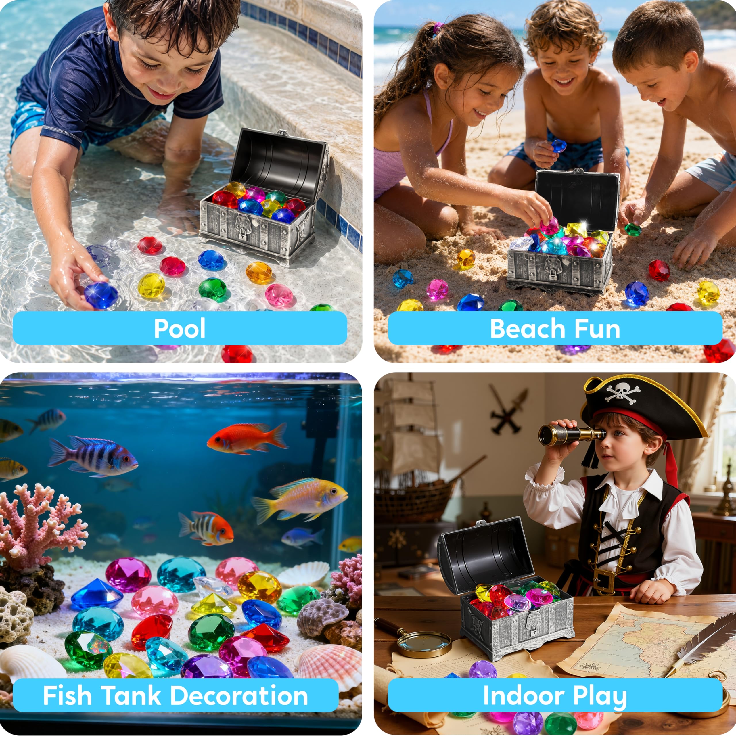 Sloosh Diving Gems Pool Toys – 16 Acrylic Diamond Gems in 12 Colors with Pirate Treasure Chest