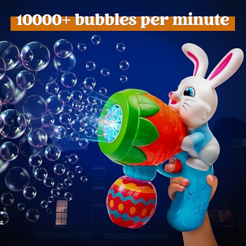 Sloosh Easter Bunny Bubble Gun with Lights for Toddlers Ages 3-8, Blue Rabbit Bubble Machine, 10000+ Bubbles/Min, Includes 6 Refills