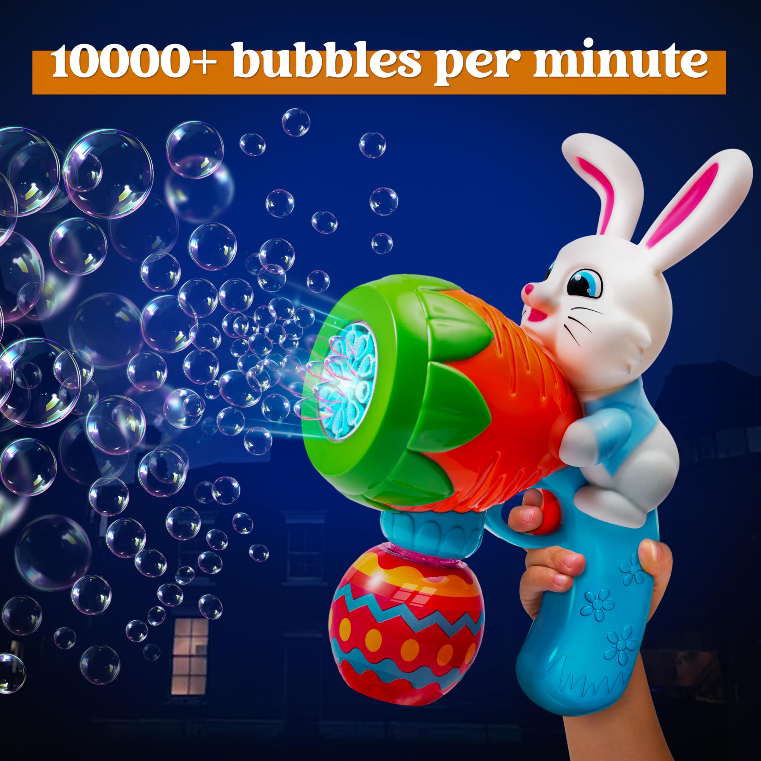 Sloosh Easter Bunny Bubble Gun with Lights for Toddlers Ages 3-8, Blue Rabbit Bubble Machine, 10000+ Bubbles/Min, Includes 6 Refills