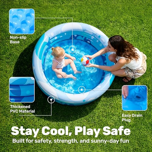 Sloosh Inflatable Kiddie Pool 34x10 Inches – Blue Fish Print Blow Up Pool for Toddlers, Ball Pit or Dog Pool