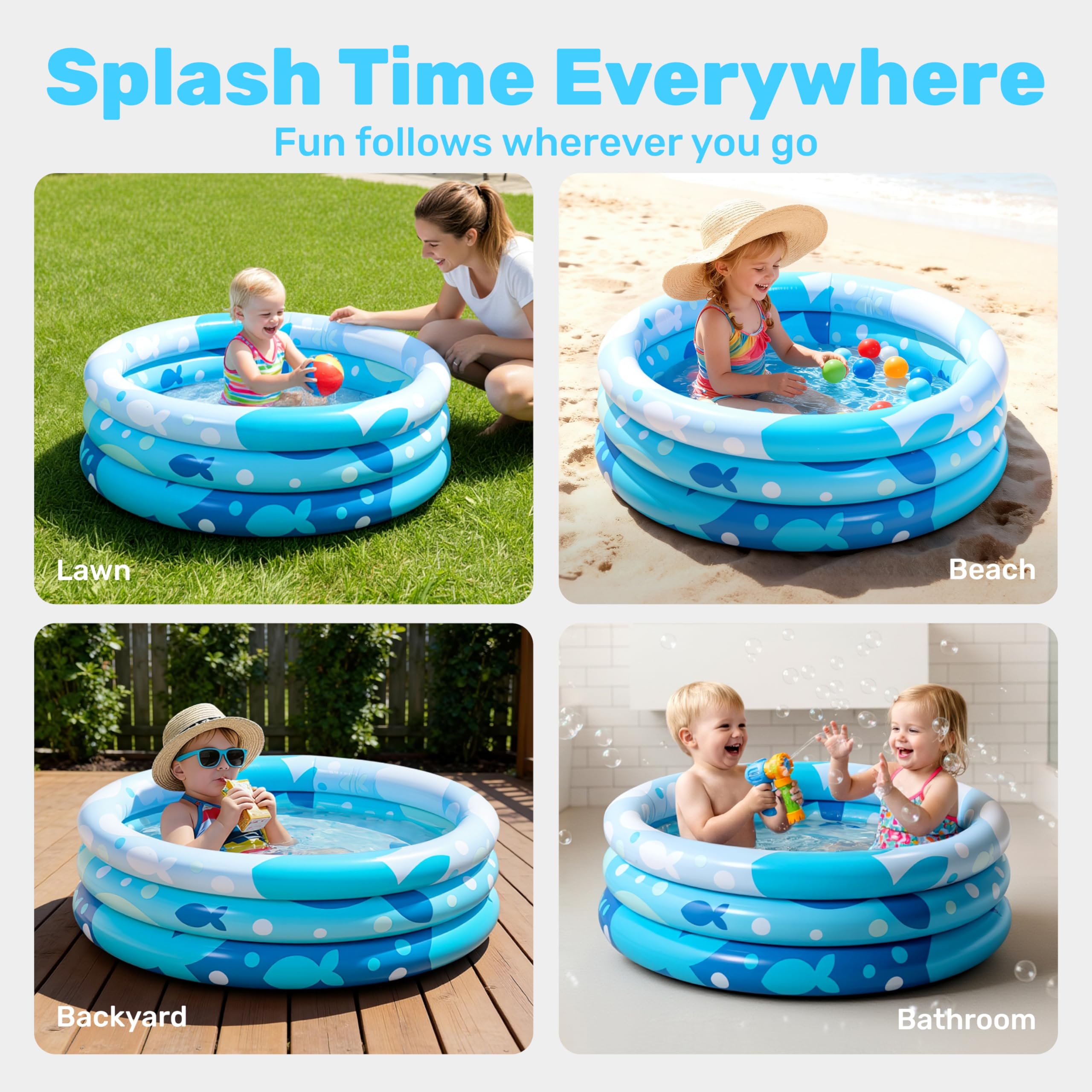 Sloosh Inflatable Kiddie Pool 34x10 Inches – Blue Fish Print Blow Up Pool for Toddlers, Ball Pit or Dog Pool