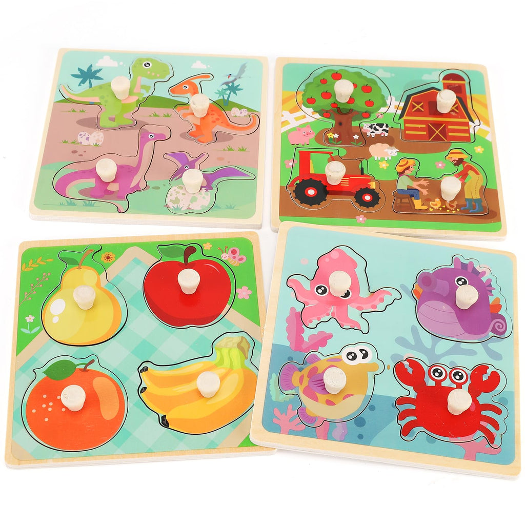 Slotic Wooden Peg Puzzles for Toddlers 1-3 – 4-Pack Farm, Dinosaur, Fruit, Marine Animals