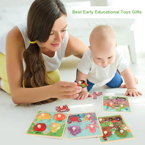 Slotic Wooden Peg Puzzles for Toddlers 1-3 – 4-Pack Farm, Dinosaur, Fruit, Marine Animals