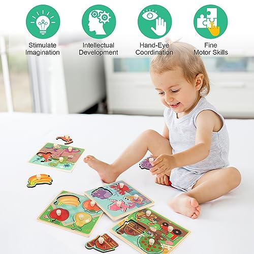 Slotic Wooden Peg Puzzles for Toddlers 1-3 – 4-Pack Farm, Dinosaur, Fruit, Marine Animals