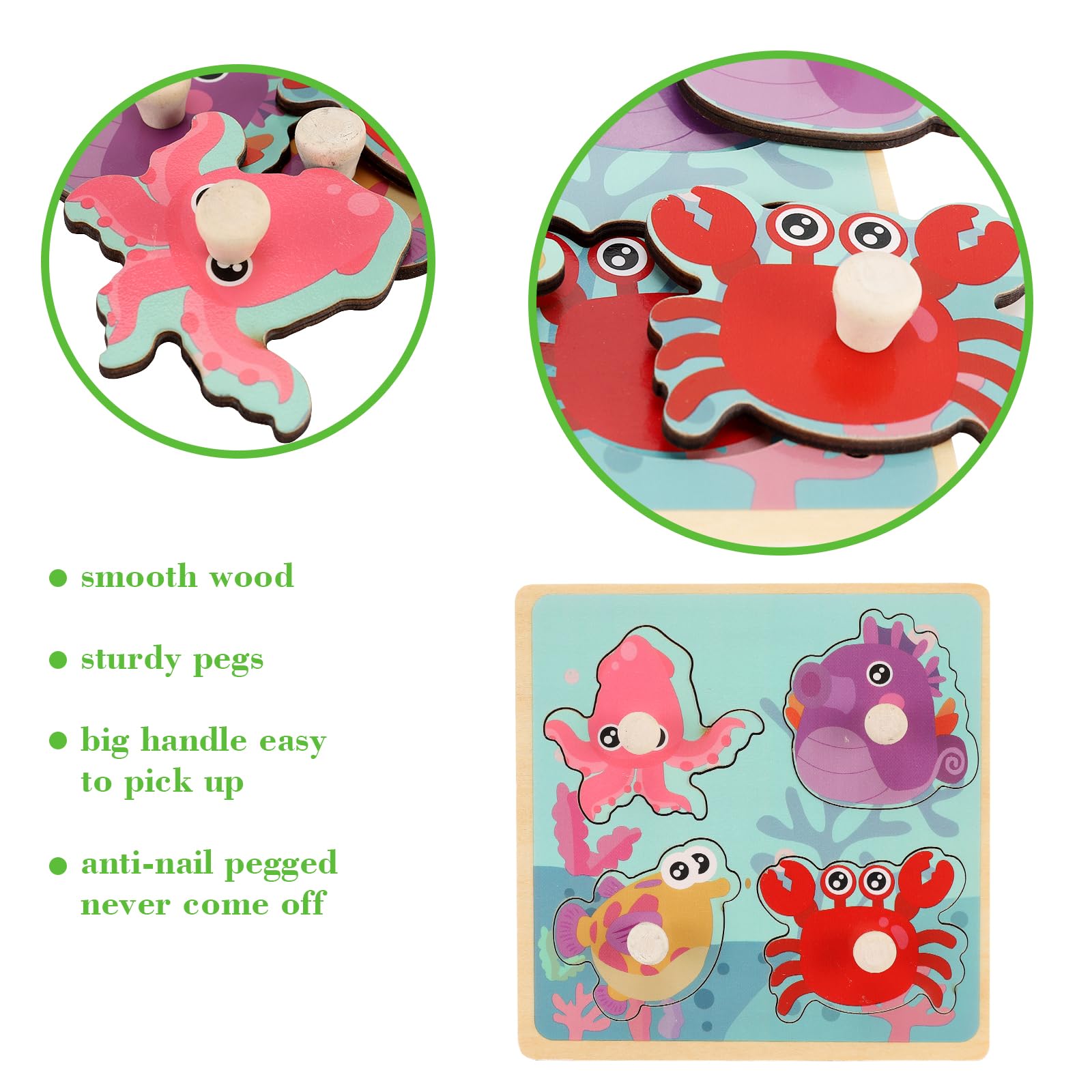 Slotic Wooden Peg Puzzles for Toddlers 1-3 – 4-Pack Farm, Dinosaur, Fruit, Marine Animals