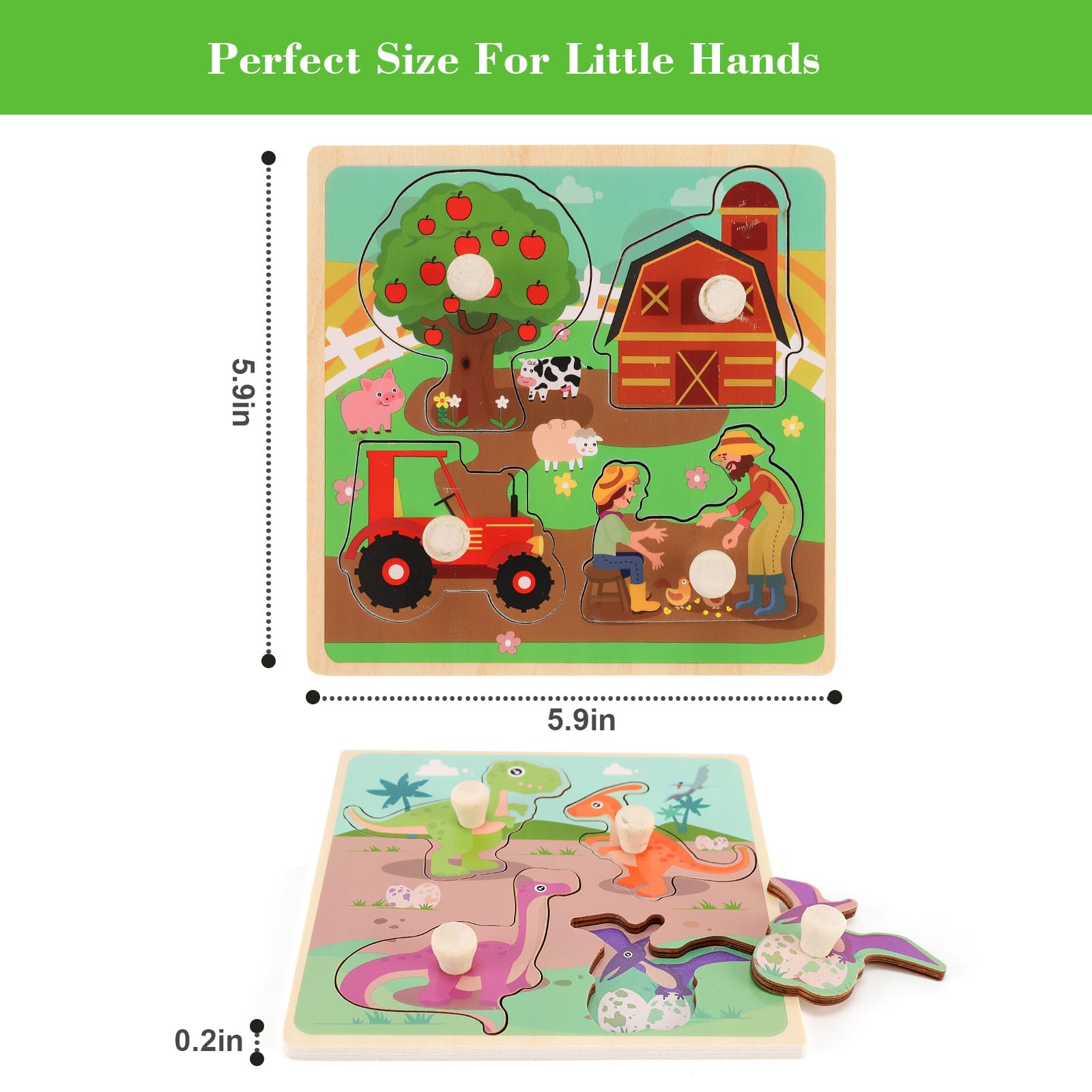Slotic Wooden Peg Puzzles for Toddlers 1-3 – 4-Pack Farm, Dinosaur, Fruit, Marine Animals