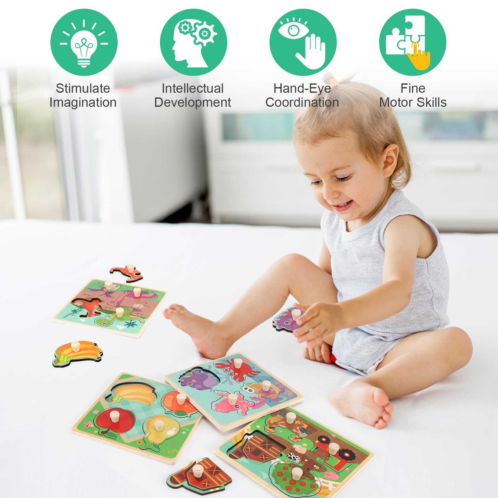 Slotic Wooden Peg Puzzles for Toddlers 1-3 – 4-Pack Farm, Dinosaur, Fruit, Marine Animals