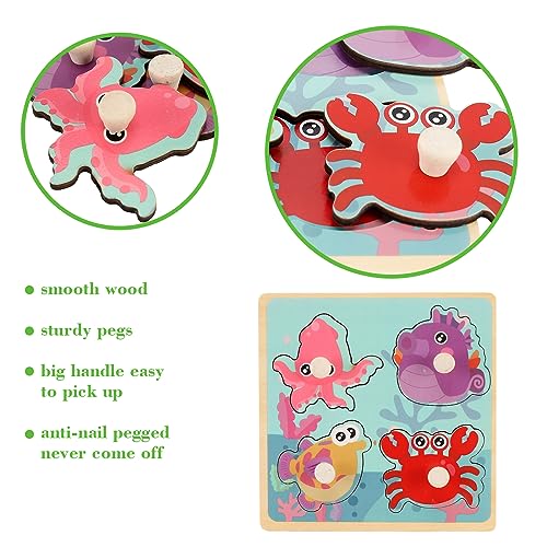 Slotic Wooden Peg Puzzles for Toddlers 1-3 – 4-Pack Farm, Dinosaur, Fruit, Marine Animals