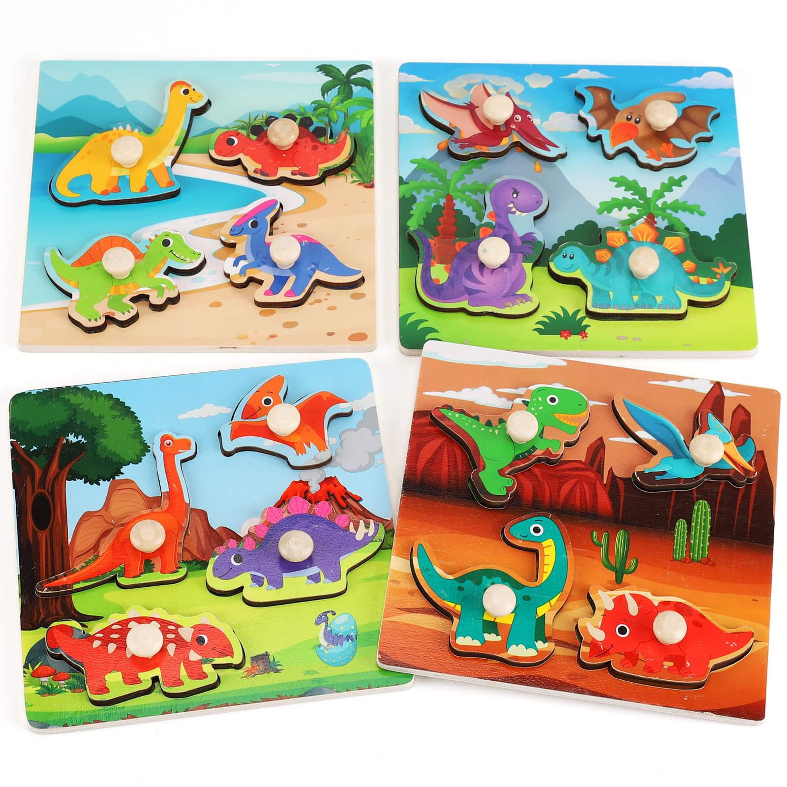 Slotic Wooden Peg Puzzles Set of 4 – Dinosaur Themed Toddler Puzzles for Ages 1-4