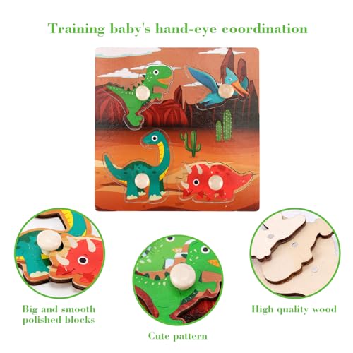 Slotic Wooden Peg Puzzles Set of 4 – Dinosaur Themed Toddler Puzzles for Ages 1-4