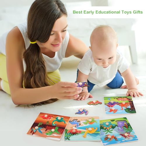 Slotic Wooden Peg Puzzles Set of 4 – Dinosaur Themed Toddler Puzzles for Ages 1-4