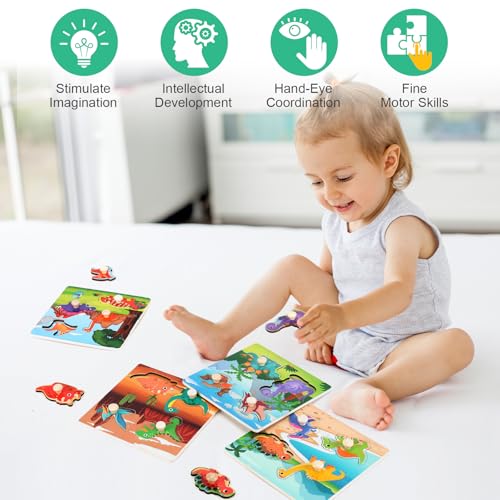 Slotic Wooden Peg Puzzles Set of 4 – Dinosaur Themed Toddler Puzzles for Ages 1-4