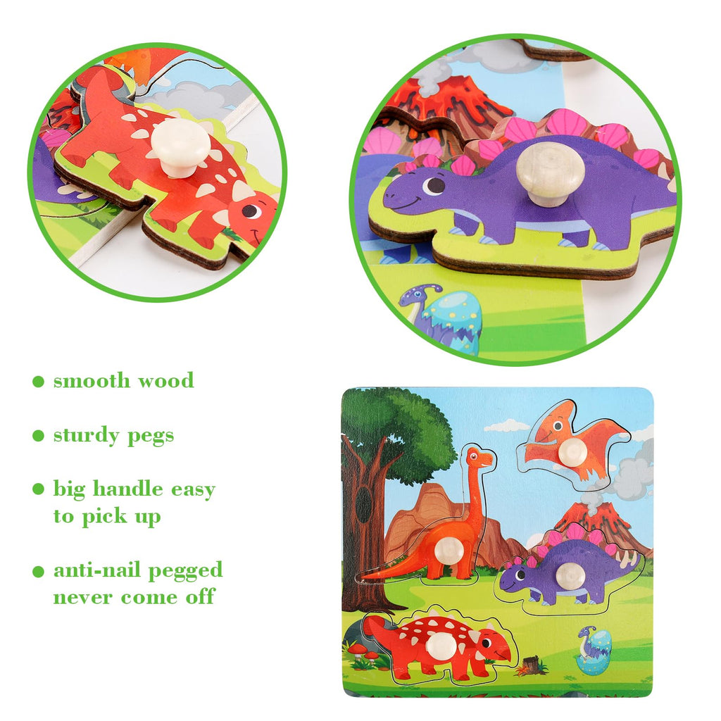 Slotic Wooden Peg Puzzles Set of 4 – Dinosaur Themed Toddler Puzzles for Ages 1-4