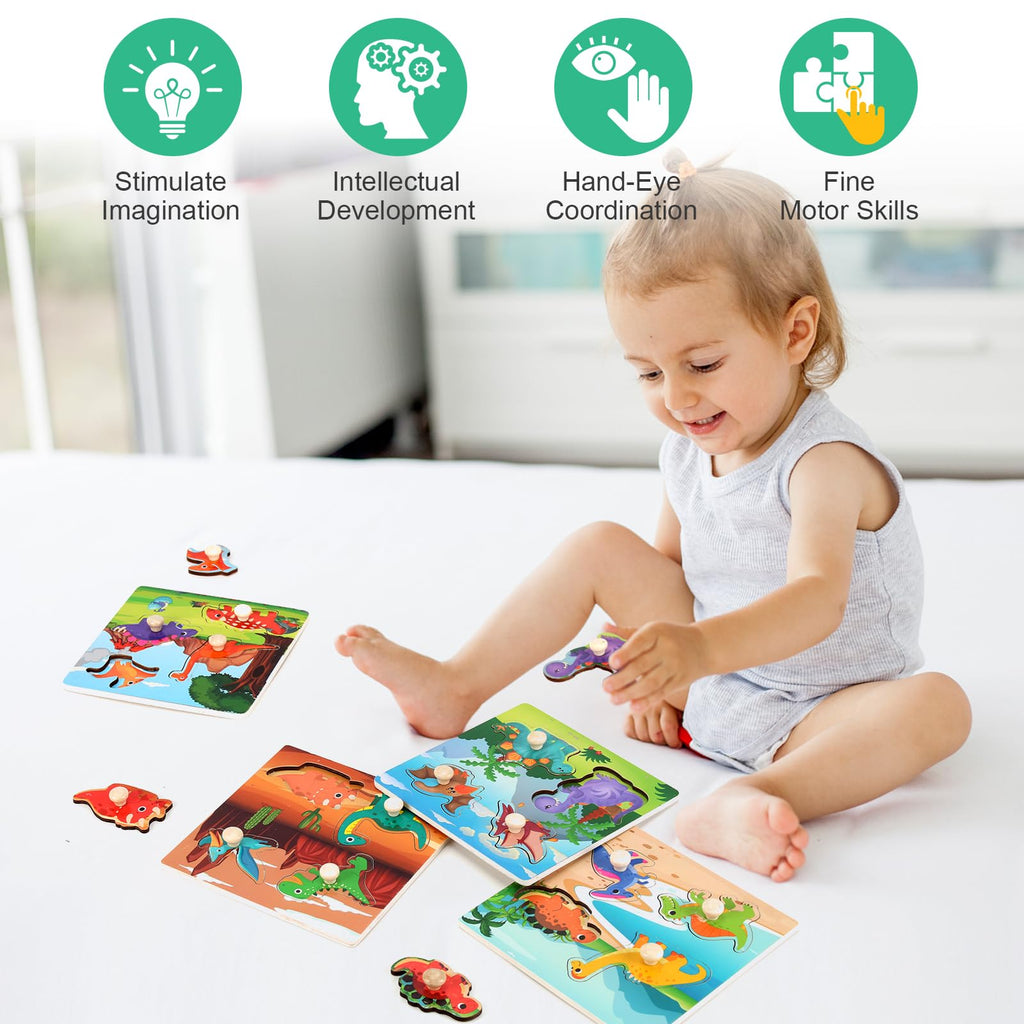 Slotic Wooden Peg Puzzles Set of 4 – Dinosaur Themed Toddler Puzzles for Ages 1-4