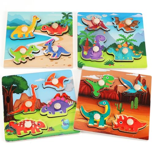 Slotic Wooden Peg Puzzles Set of 4 – Dinosaur Themed Toddler Puzzles for Ages 1-4