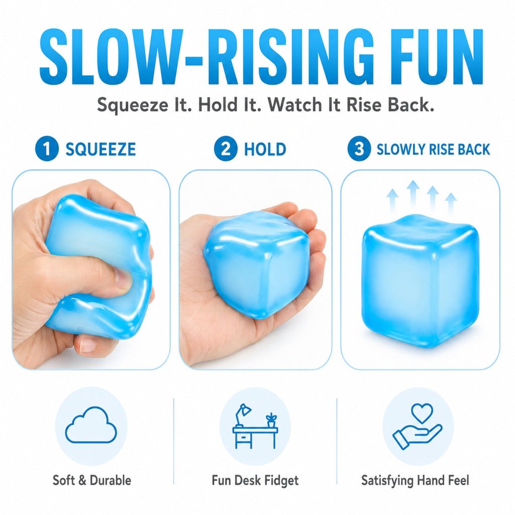Slow-Rising Ice Cube Squishy Fidget Toy – Pink Sensory Stress Relief Cube for Desk, Travel, and Focus