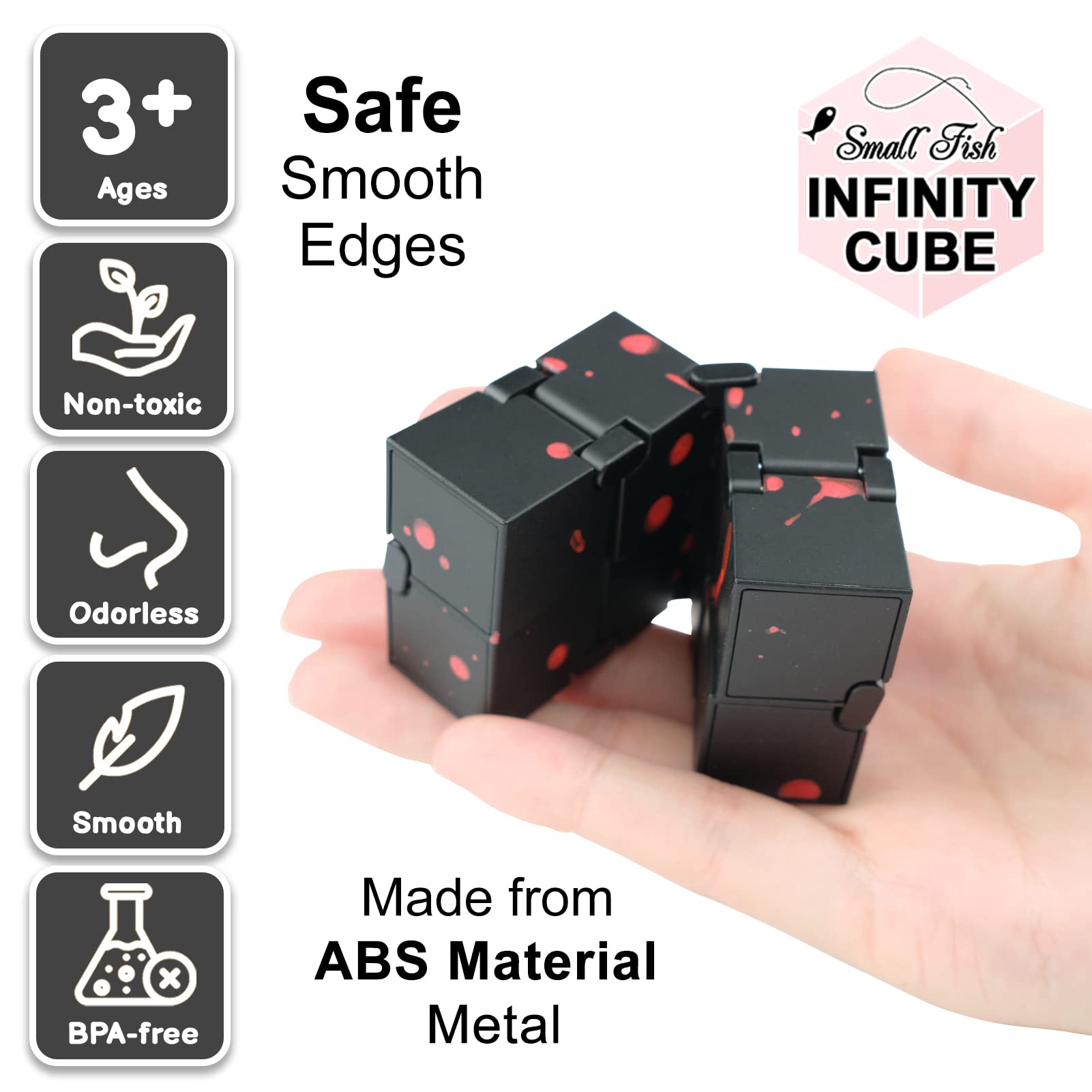 SMALL FISH Fidget Infinity Cube – Built-in Metal Endless Cube for Stress Relief, Black-Red