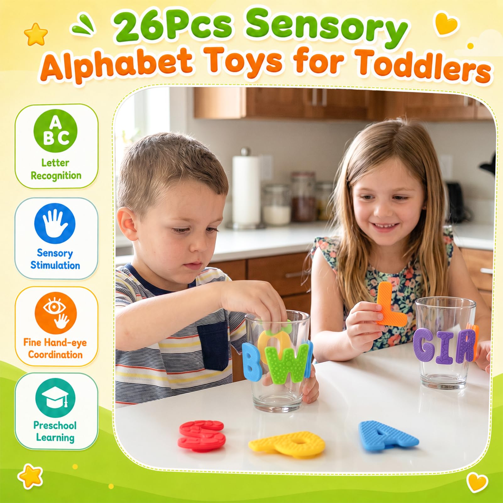 SMALL FISH Sensory Alphabet Toys: 26 Textured Letters with Suction Cups for Learning and Fidgeting