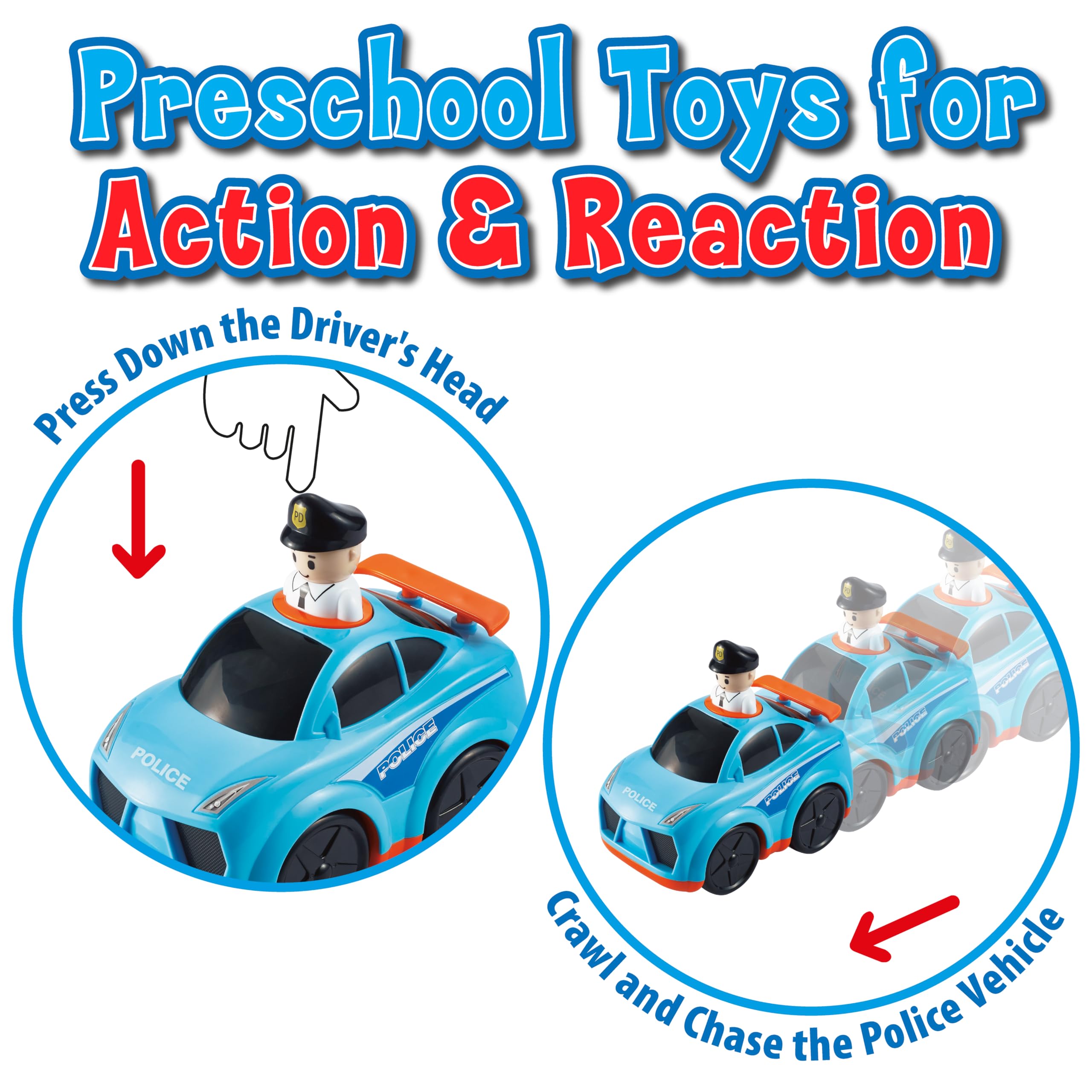 Small World Toys Press 'n Go Police Car - Push Toy for Toddlers 1-3, Pretend Play Rescue Vehicle