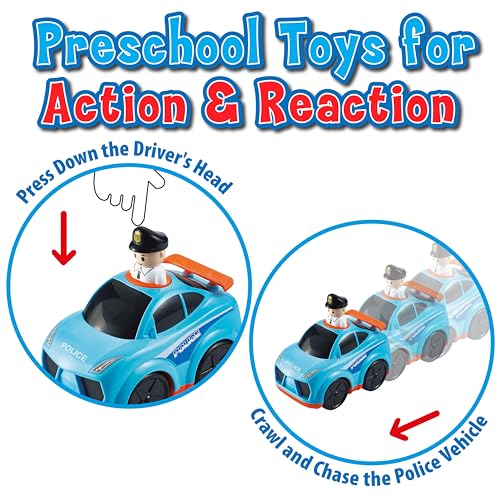 Small World Toys Press 'n Go Police Car - Push Toy for Toddlers 1-3, Pretend Play Rescue Vehicle
