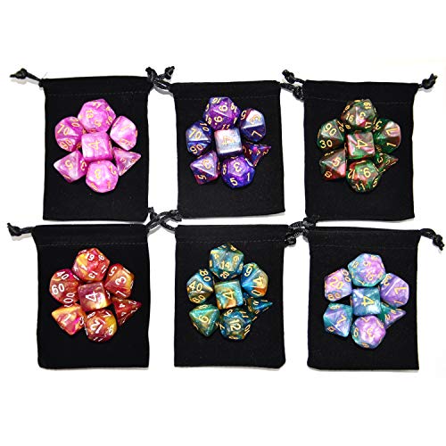 SmartDealsPro 42-Piece Glitter Polyhedral Dice Set (6 Complete Sets) with Pouches for D&D, MTG, RPG