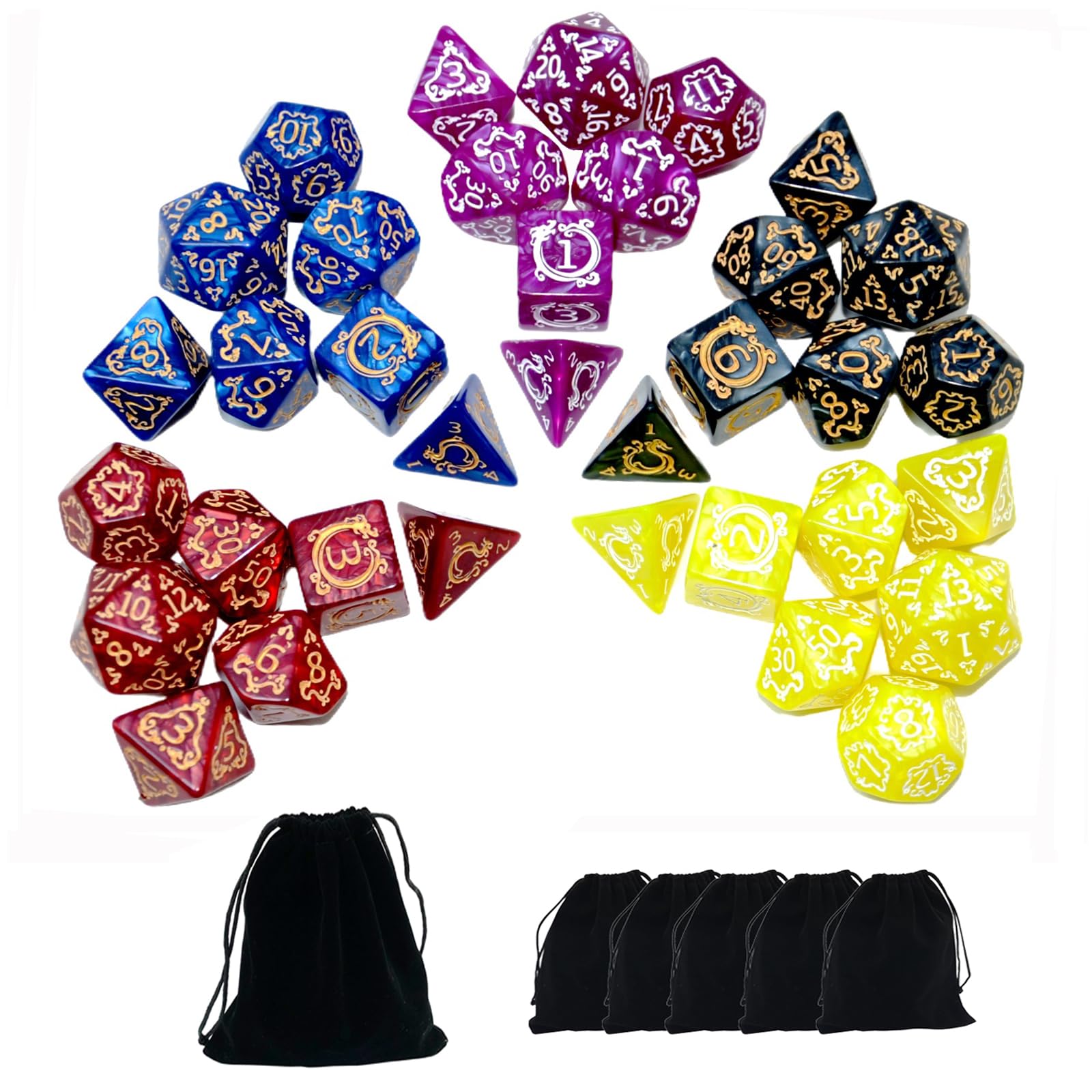 SmartDealsPro 5 Polyhedral Dice Sets (35 Dice) with Pouches – Acrylic D&D Dice with Gold Numbers