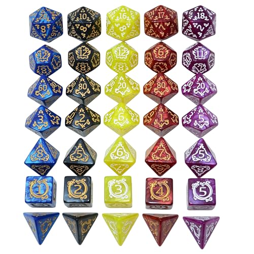 SmartDealsPro 5 Polyhedral Dice Sets (35 Dice) with Pouches – Acrylic D&D Dice with Gold Numbers
