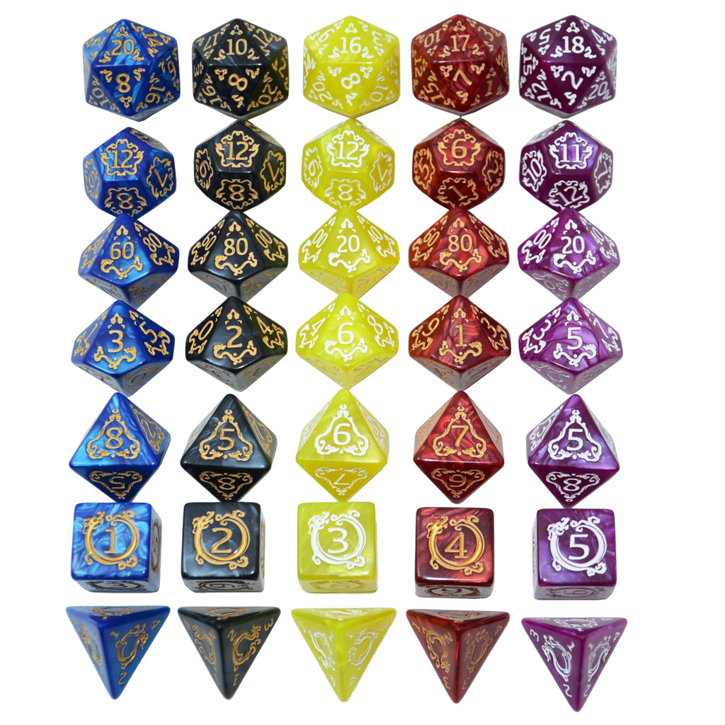 SmartDealsPro 5 Polyhedral Dice Sets (35 Dice) with Pouches – Acrylic D&D Dice with Gold Numbers